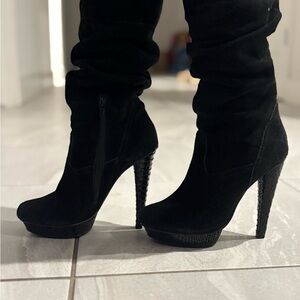 Bakers Black Leather Suede Over Knee Platform Heel Boots